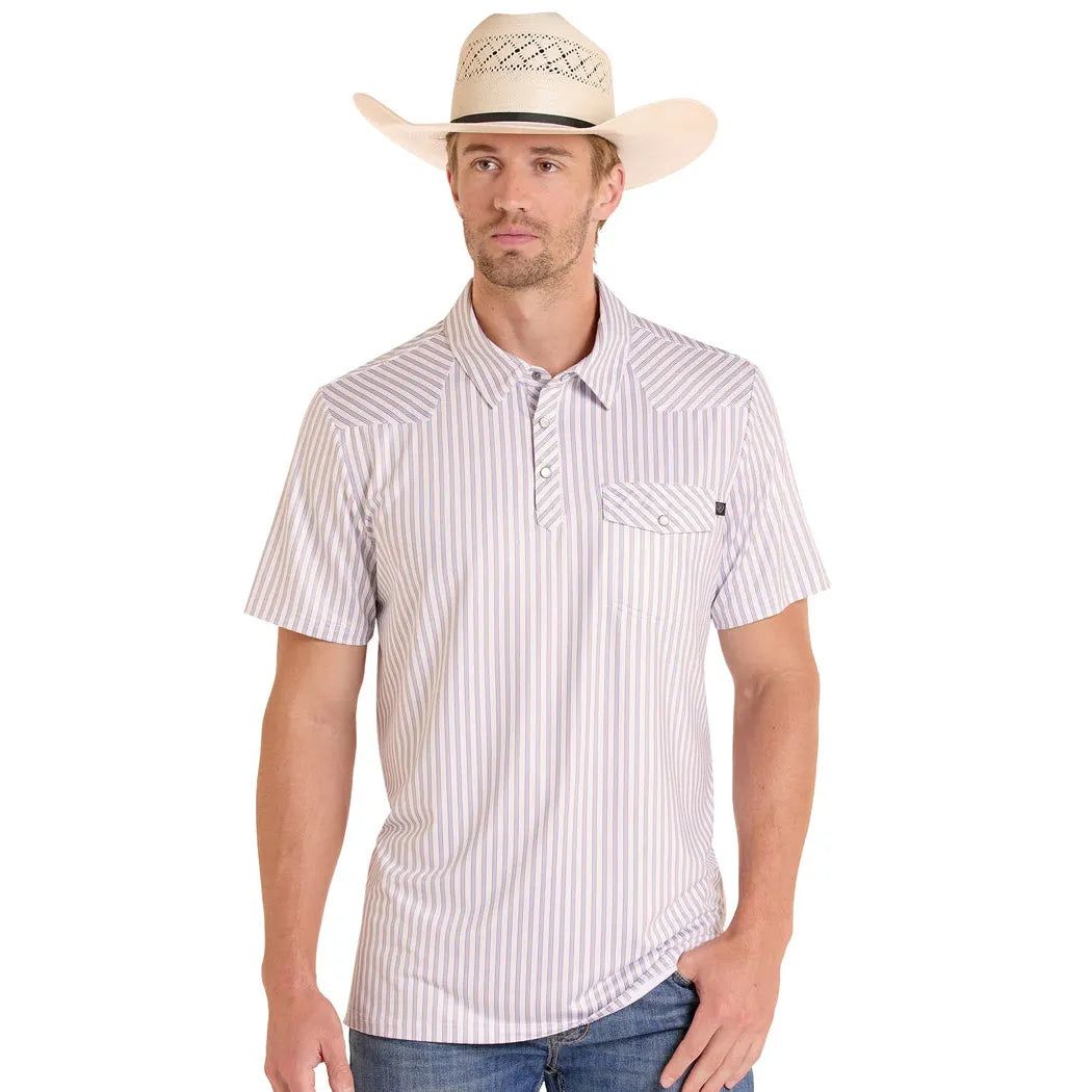 Rock &amp; Roll Mens Western Pocket Short Sleeve Stripe Polo Shirt - White/Tan Stripe