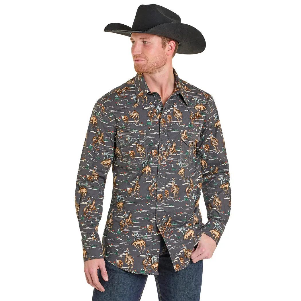 Rock &amp; Roll Men's Wild West Cowboy Novelty Printed Long Sleeve Snap Shirt - Charcoal