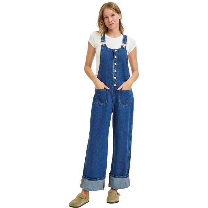 Risen Women's Button Down Ankle Wide Cuffed Overalls - Indigo