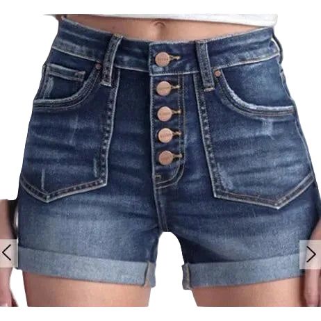 Risen Women's High Rise Button Fly Turn Back Cuff Shorts - Dark