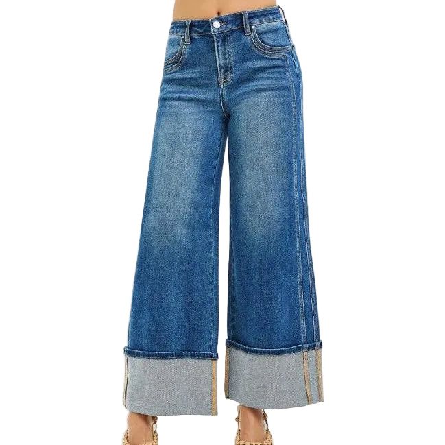 Risen Women's High Rise Wide Leg Cuffed w/ Double Front Pocket Detail Jeans - Dark