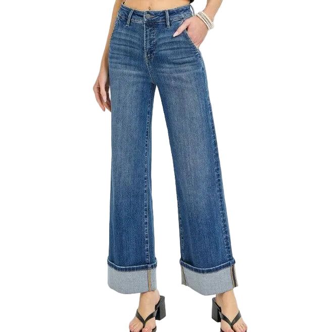 Risen Women's Tummy Control High Rise Ankle Wide Cuffed Jeans - Dark