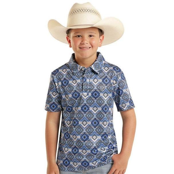 Rock &amp; Roll Boy's Aztec Printed Short Sleeve Polo Shirt - Blue