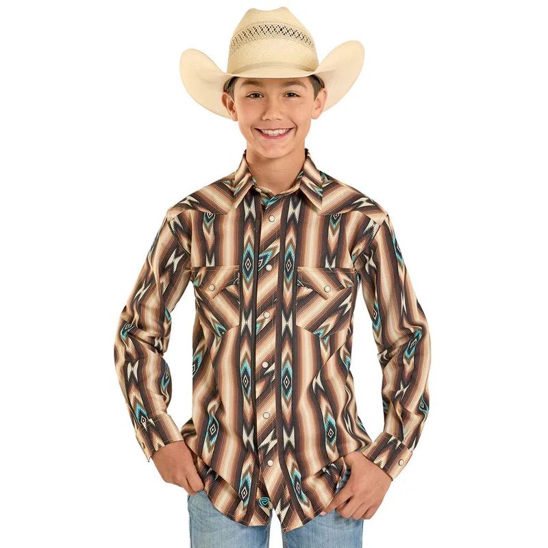 Rock &amp; Roll Boy's Aztec Stripe Printed Long Sleeve Snap Shirt - Dark Brown