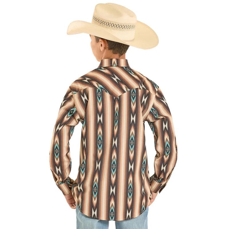 Rock &amp; Roll Boy's Aztec Stripe Printed Long Sleeve Snap Shirt - Dark Brown