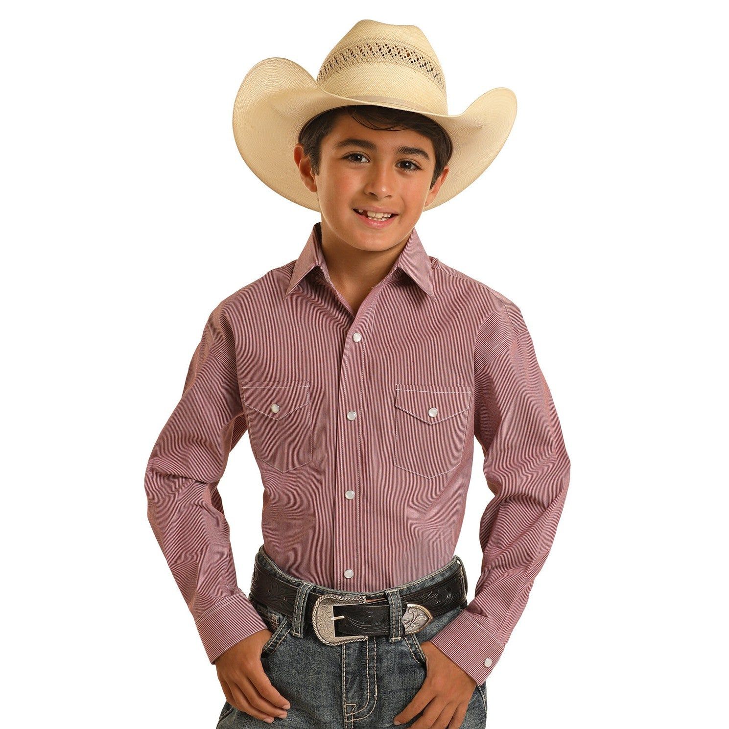 Rock &amp; Roll Boy's Long Sleeve 2 Pocket Snap Shirt - Burgundy - RBN2S03186