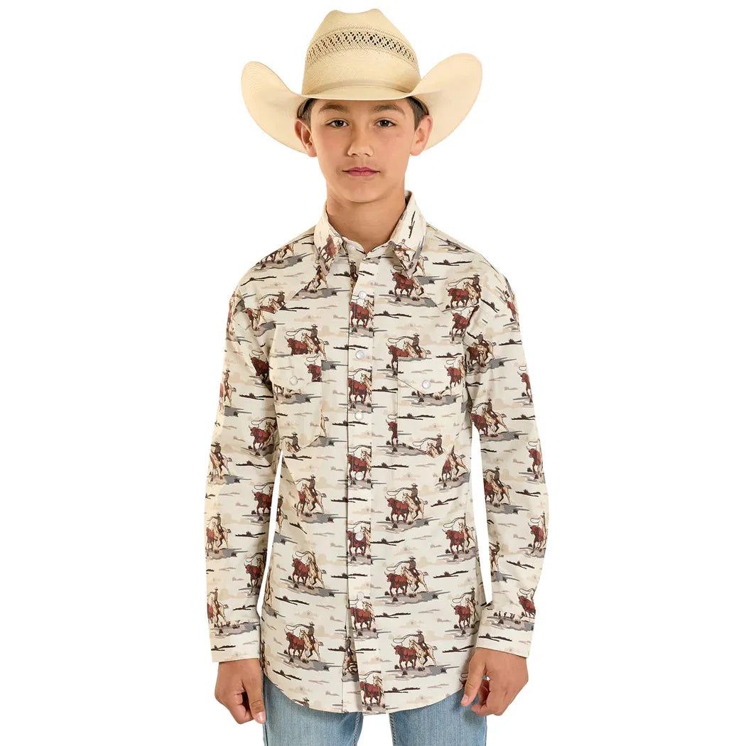 Rock &amp; Roll Boy's Novelty Cowboy Print Long Sleeve Snap Shirt - Dark Brown