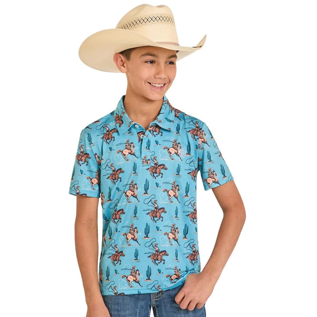 Rock &amp; Roll Boy's Novelty Print Wild West Cowboy Short Sleeve Polo Shirt - Peacock
