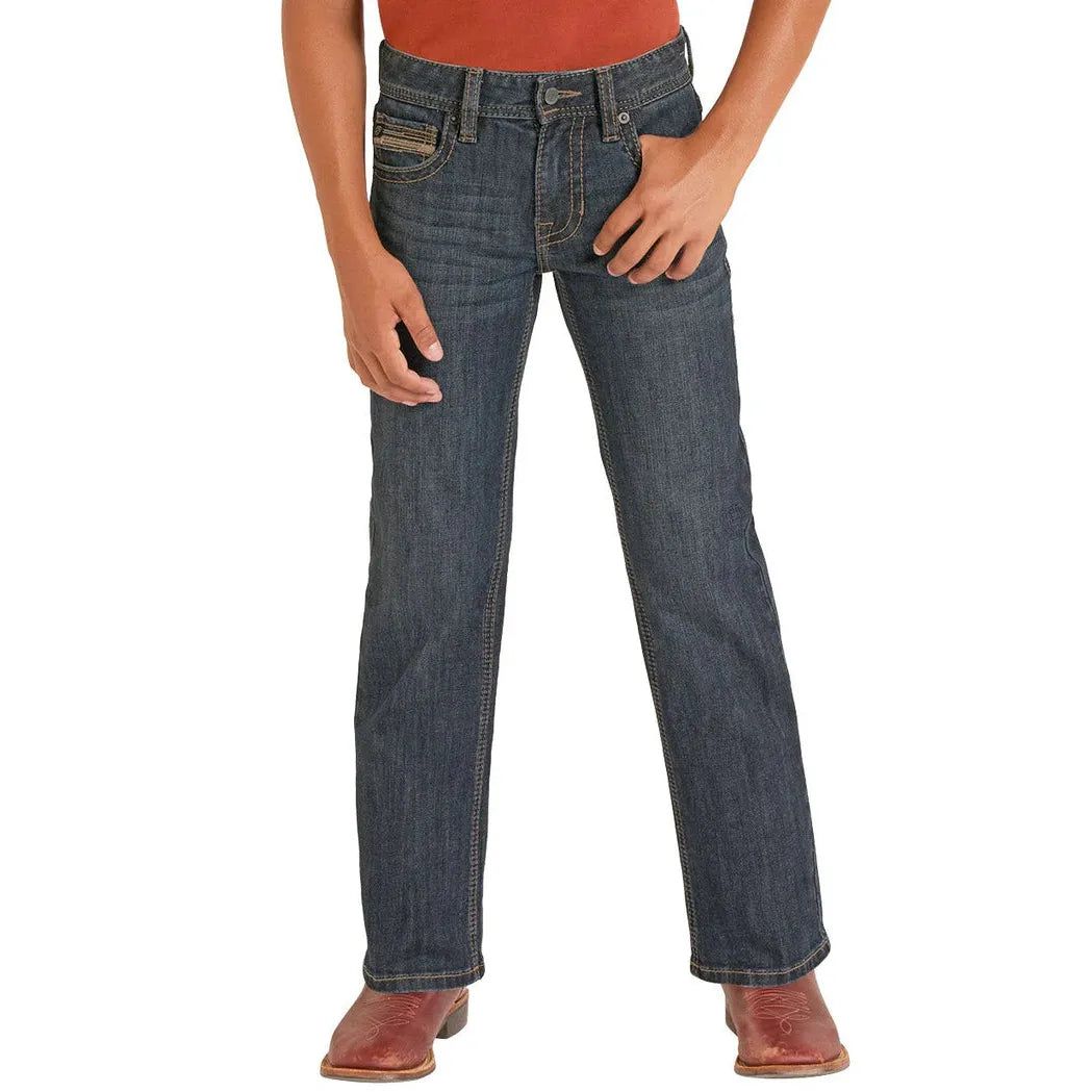 Rock &amp; Roll Boy's Rope Stitch Embroidered Pocket Bootcut Jeans - Dark Wash