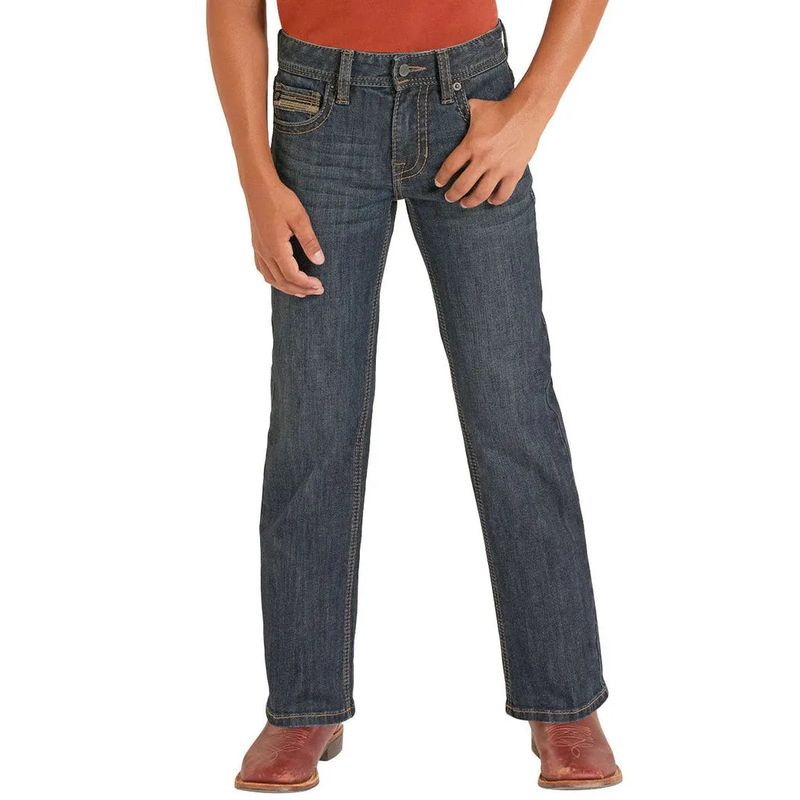 Rock &amp; Roll Boy's Rope Stitch Embroidered Pocket Bootcut Jeans - Dark Wash