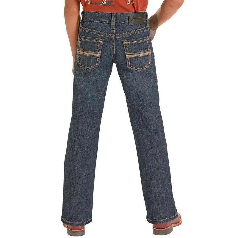 Rock &amp; Roll Boy's Rope Stitch Embroidered Pocket Bootcut Jeans - Dark Wash