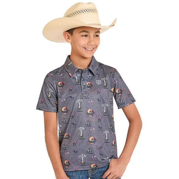 Rock &amp; Roll Boy's Space Cowboy Printed Polo Short Sleeve Shirt - Charcoal