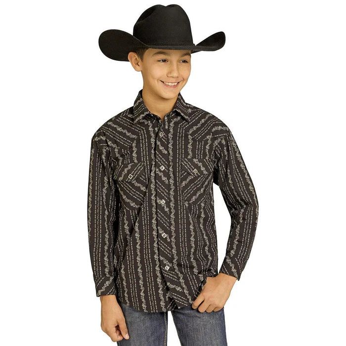 Rock &amp; Roll Boy's Wallpaper Printed Long Sleeve Snap Shirt - Black