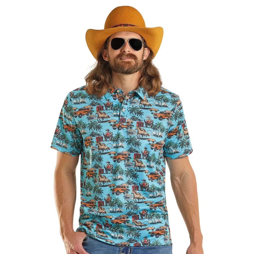 Rock &amp; Roll Men's Dale Brisby Costal Western Print Short Sleeve Polo Shirt - Turquoise