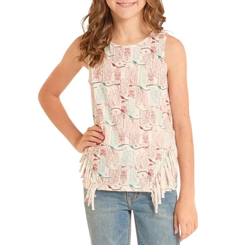 Rock &amp; Roll Girl's Boot Print Fringe Tank Top - Natural
