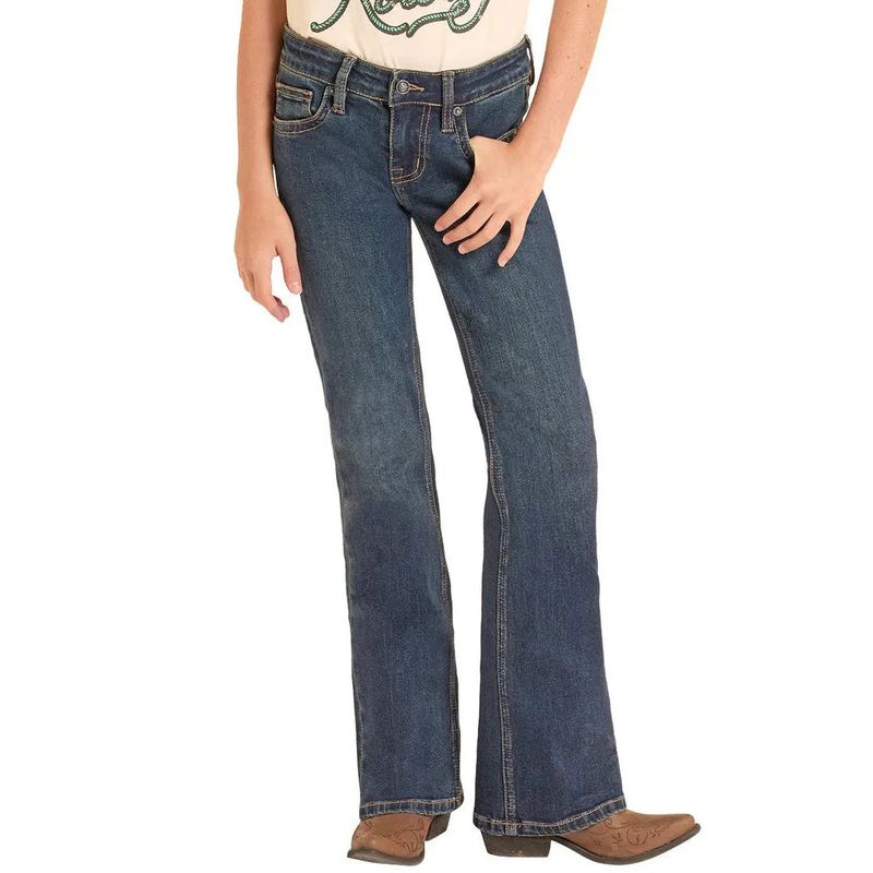 Rock &amp; Roll Girl's Turquoise Stitch Bootcut Jeans - Dark Wash