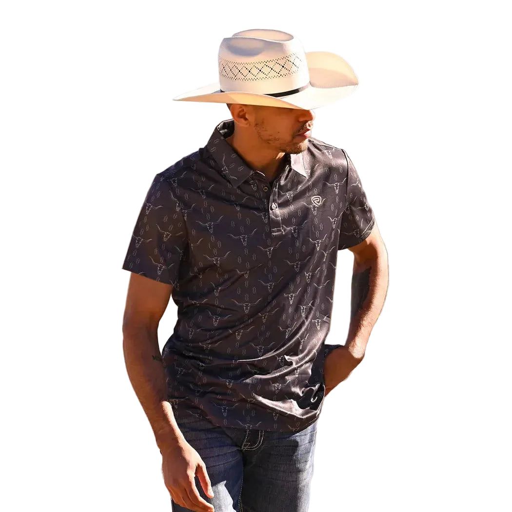 Rock &amp; Roll Men's Aztec Longhorn/Steer Printed Short Sleeve Mesh Polo Shirt - Charcoal