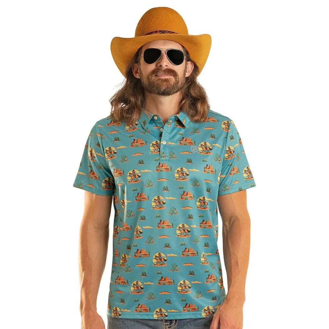 Rock &amp; Roll Men's Dale Brisby Western Desert Print Short Sleeve Polo Shirt - Peacock