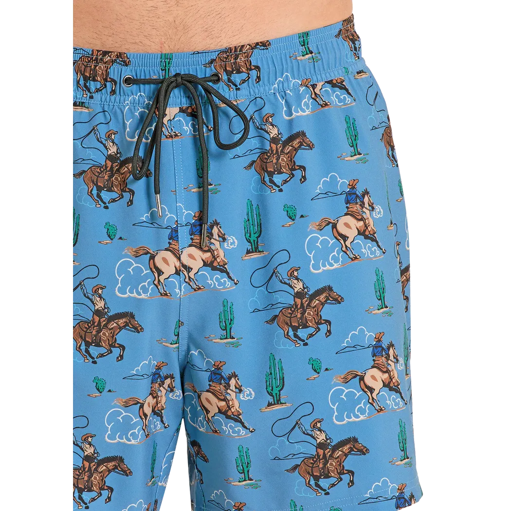 Rock &amp; Roll Men's Desert Cowboy Novelty w/Lining Swim Volley Trunks - Blue