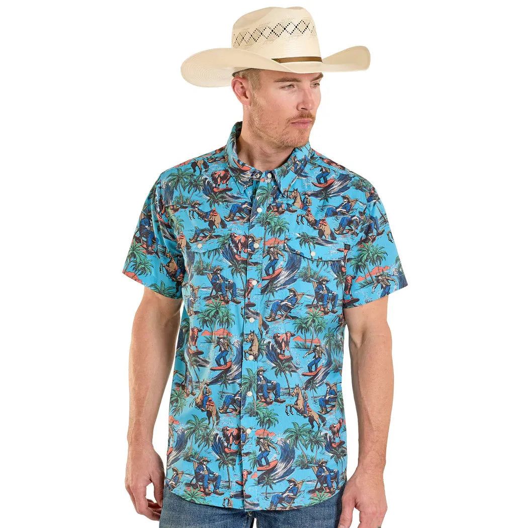 Rock &amp; Roll Men's Hang Ten/Western Tropical Cowboy Short Sleeve Snap Shirt - Turquoise