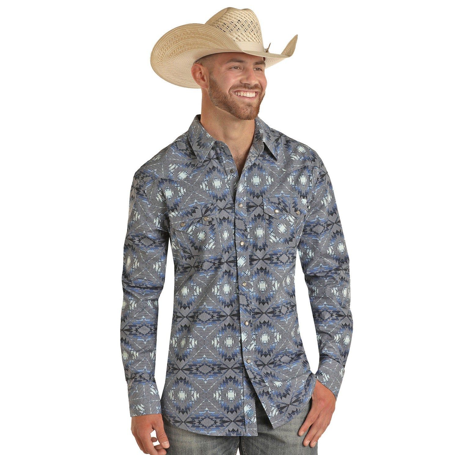 Rock &amp; Roll Men's Long Sleeve 2 Pocket Aztec Snap Shirt - Blue - BMN2S03344