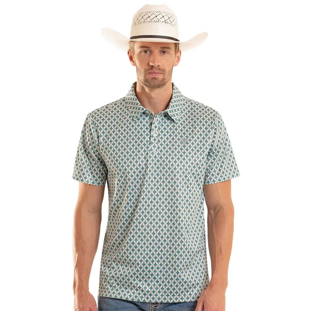 Rock &amp; Roll Mens Mini Aztec Short Sleeve Geo Print Polo Shirt - Teal
