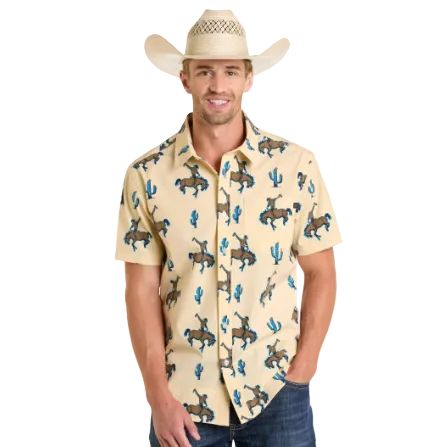 Rock &amp; Roll Men's Novelty Desert Tek Western Short Sleeve Shirt - Natural