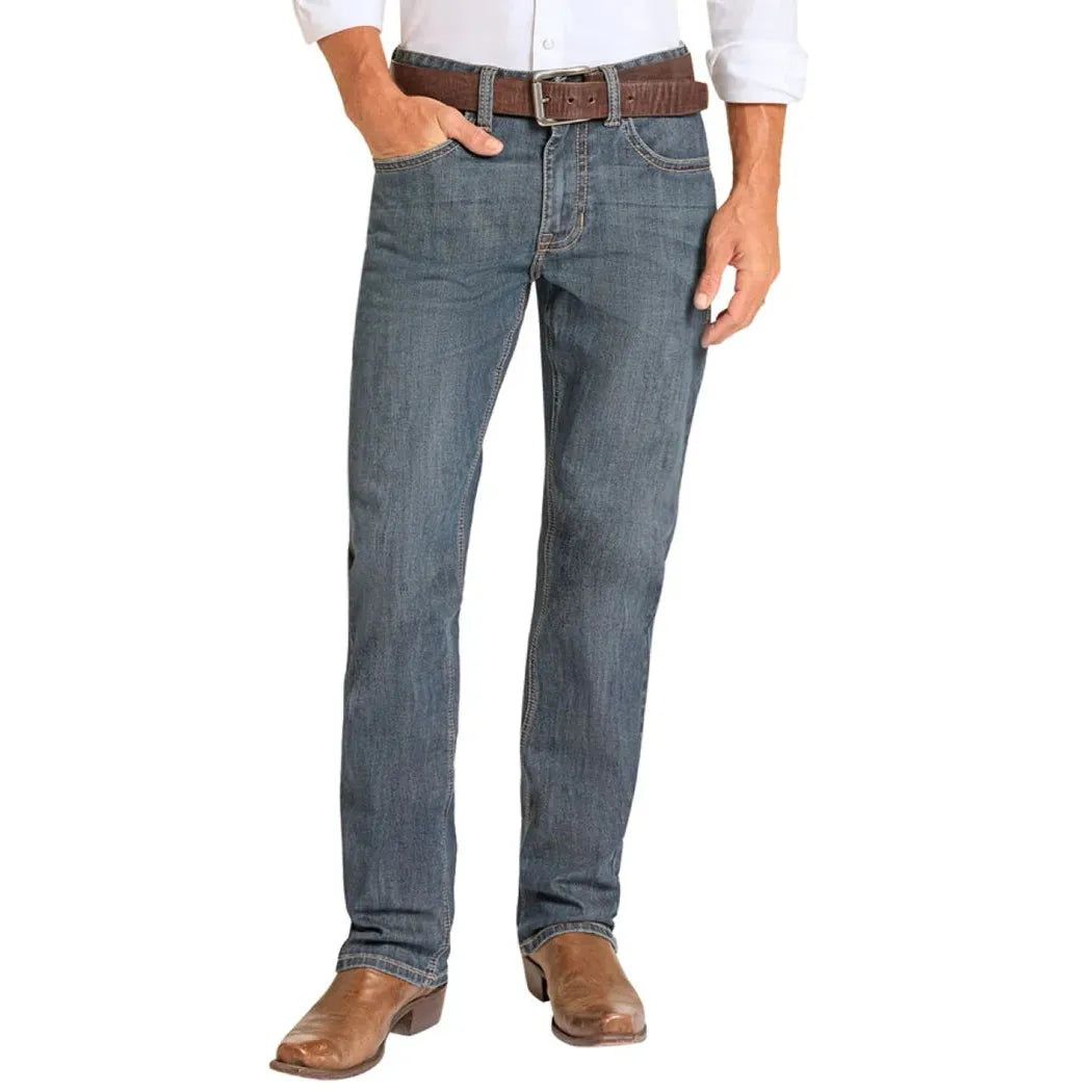 Rock &amp; Roll Men's Raised Embroidered Bravo Tapered Bootcut Jeans - Dark Wash