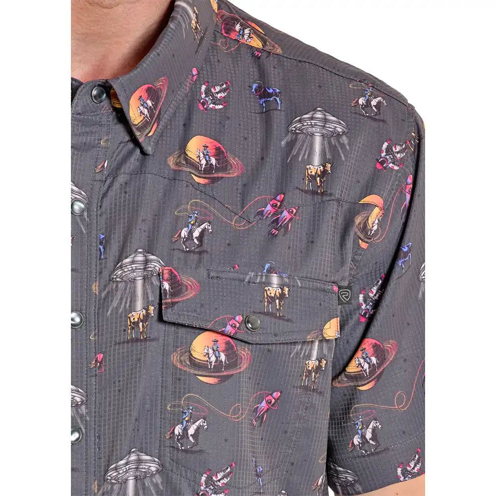 Rock &amp; Roll Men's Space Cowboy Tek Western Short Sleeve Snap Shirt - Grey