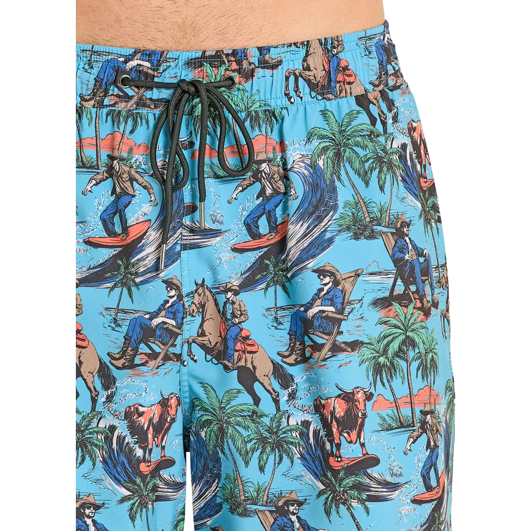 Rock &amp; Roll Men's Tropical Cowboy Novelty Print w/Lining Swim Volley Trunks - Turquoise