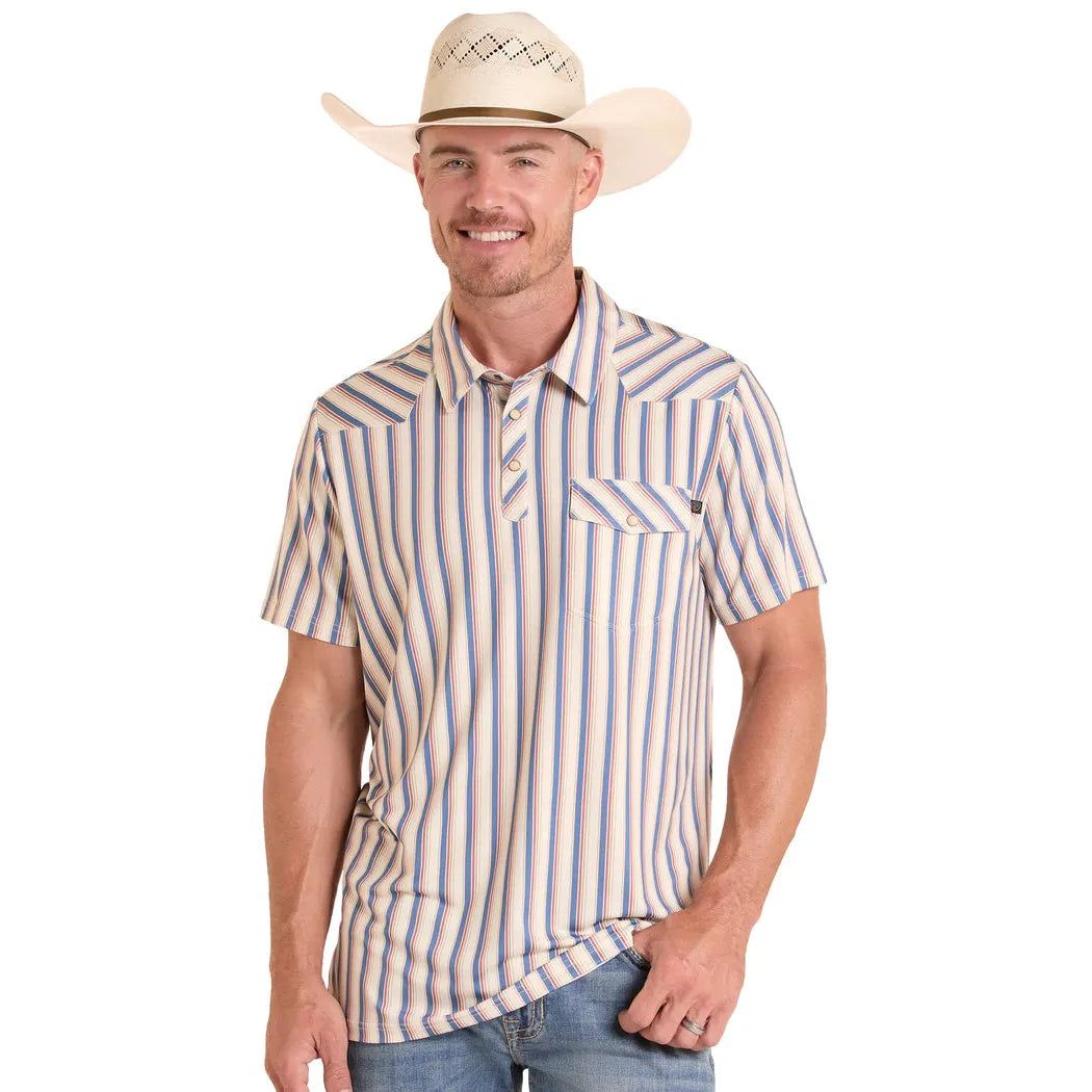 Rock &amp; Roll Mens Western Stripe Short Sleeve Pocket Polo Shirt - White/Red