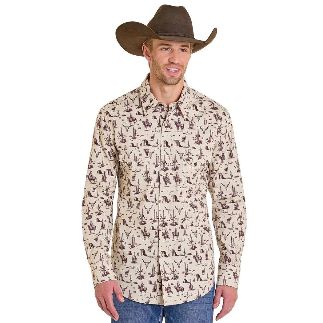 Rock &amp; Roll Men's Wild Wild West Novelty Printed Long Sleeve Snap Shirt - Burgundy