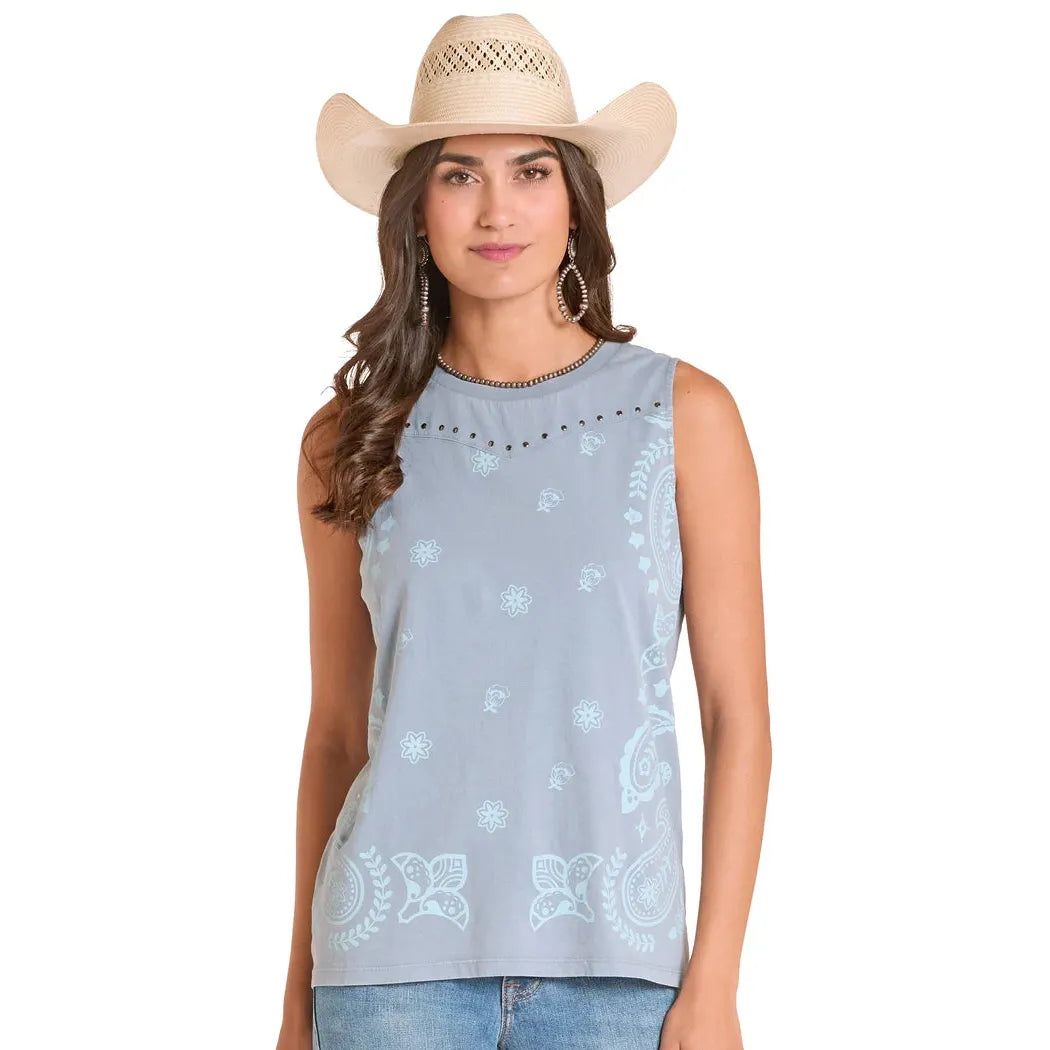 Rock &amp; Roll Women's Bandana Print Sleeveless Shirt - Powder Blue
