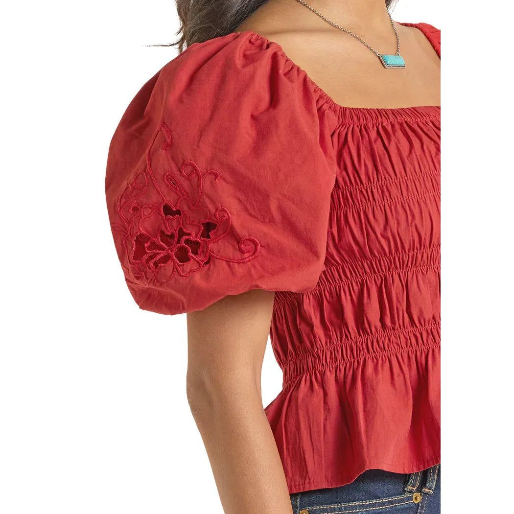 Rock &amp; Roll Women's Cutwork Puff Embroidered Sleeve Poplin Top - Multiple Colours