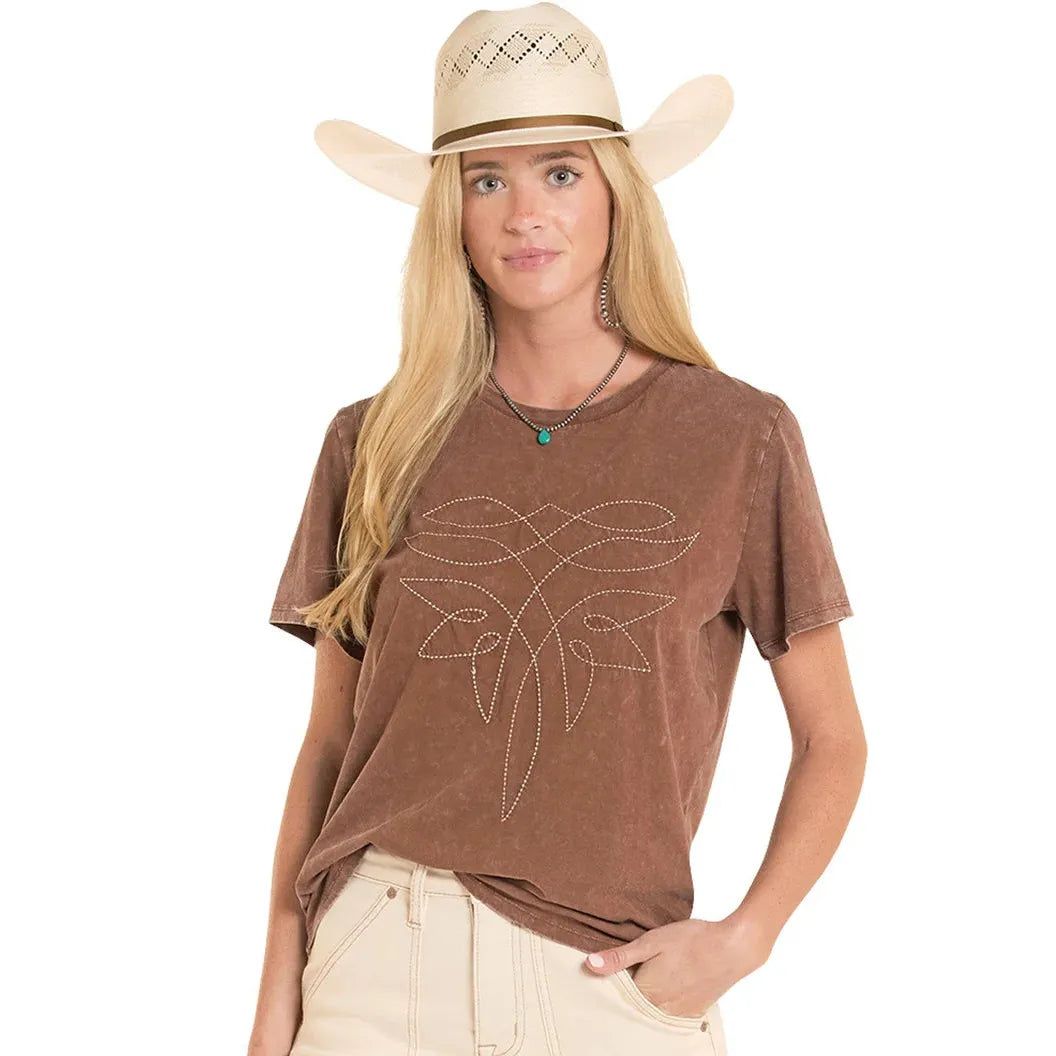 Rock &amp; Roll Women's Embroidered Boot Stitch Tee Shirt - Mahogany