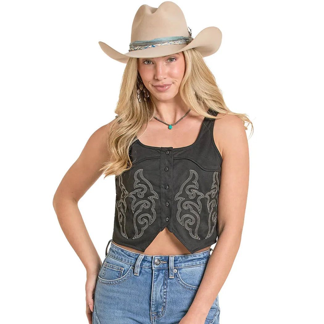Rock &amp; Roll Women's Embroidered Microsuede Boot Stitch Tank Top - Black