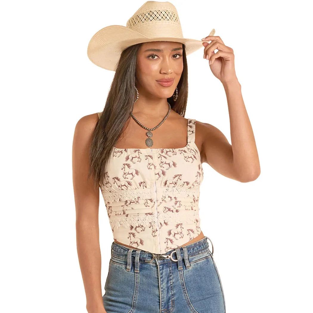 Rock &amp; Roll Women's Horse Print Laced Corset Top - Natural