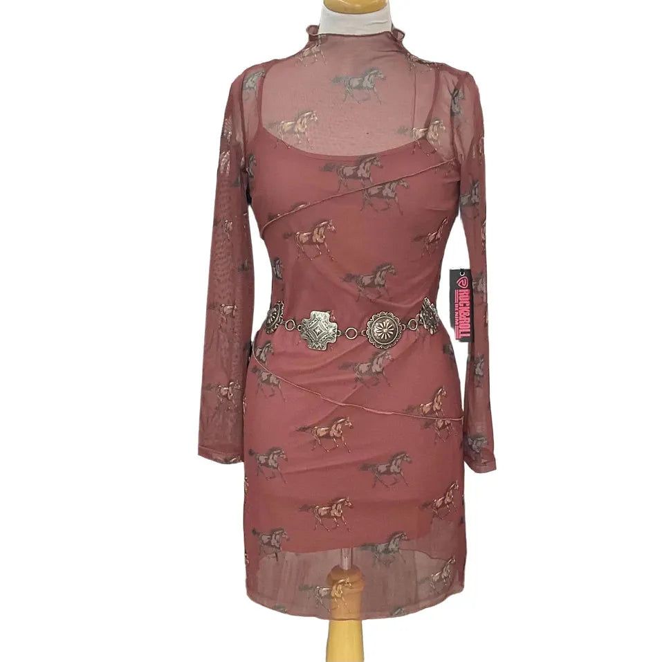 Rock &amp; Roll Women's Horse Print Mesh Dress - Rust