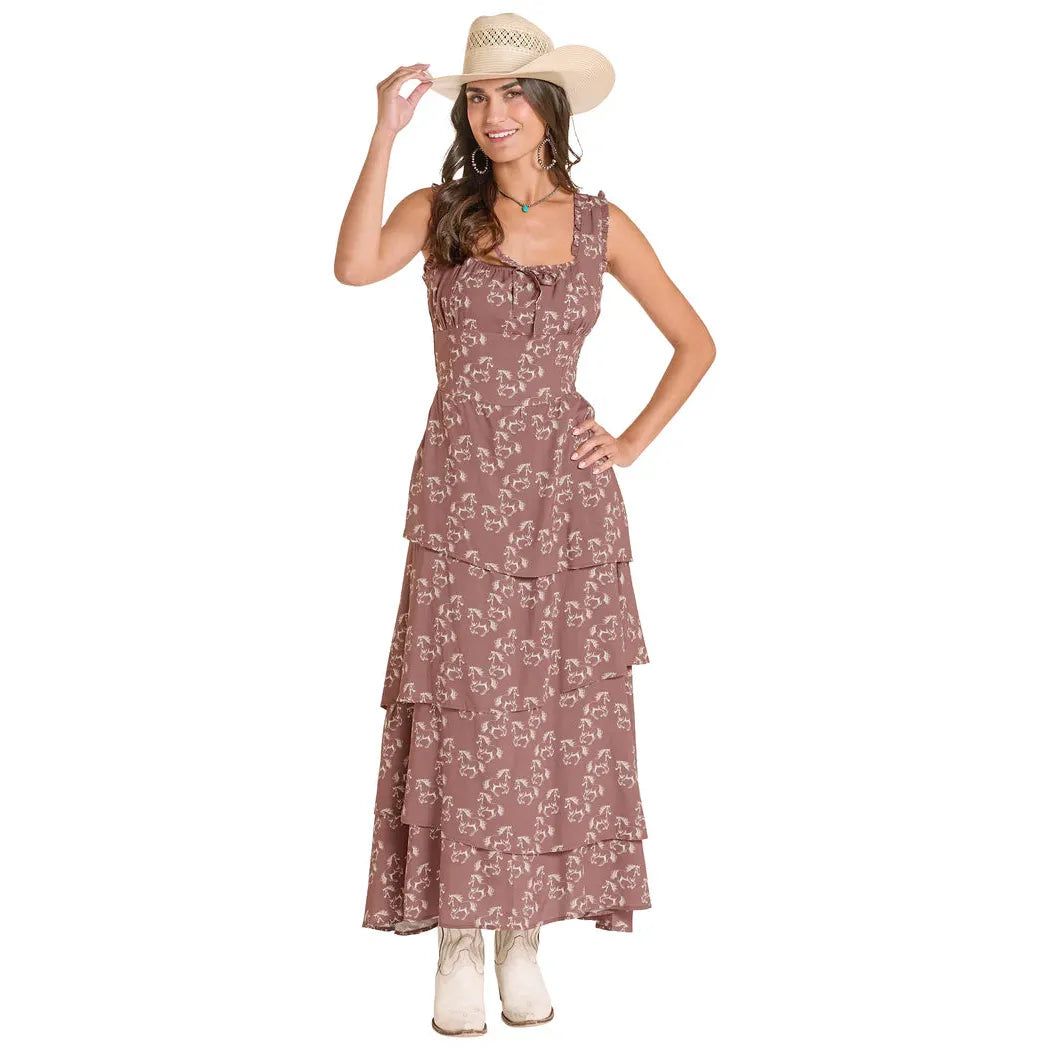 Rock &amp; Roll Women's Horse Print Tiered Dress - Mahogany