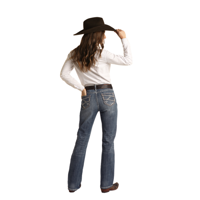 **Rock &amp; Women's Ivory/Khaki Embroidery Riding Jeans - Medium Vintage
