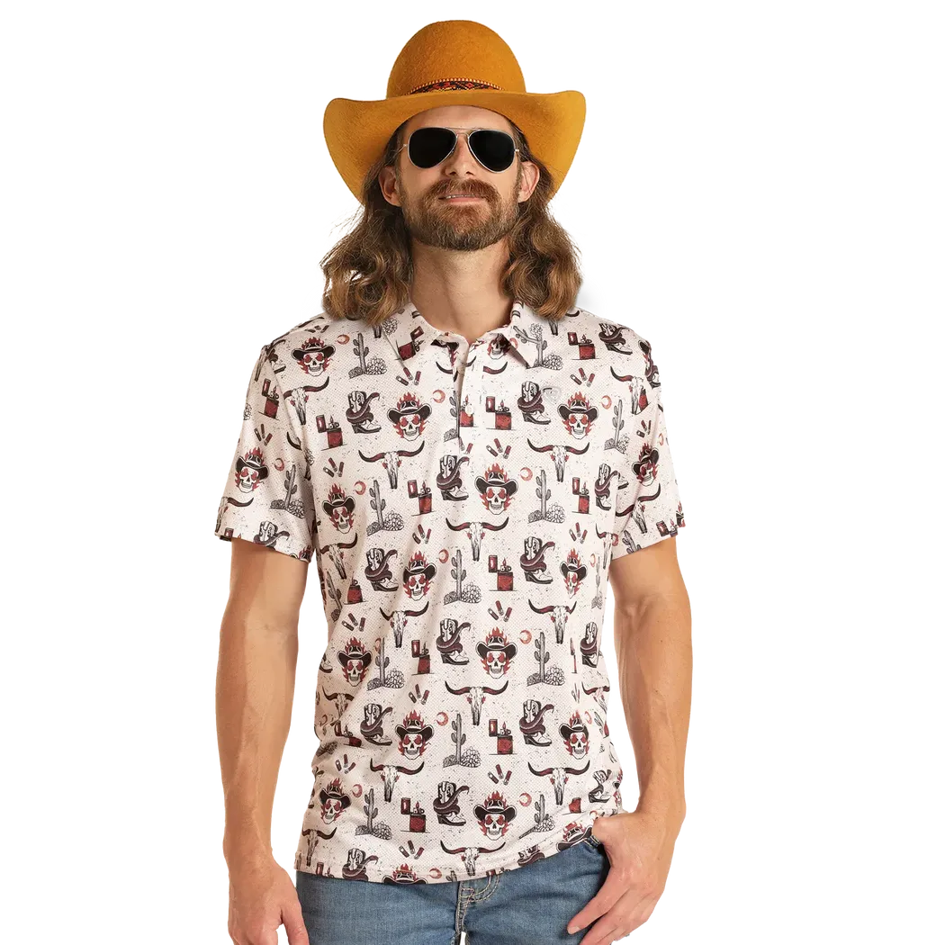 Rock &amp; Roll Men's Dale Brisby Western Skull Print Polo SS Shirt - Natural