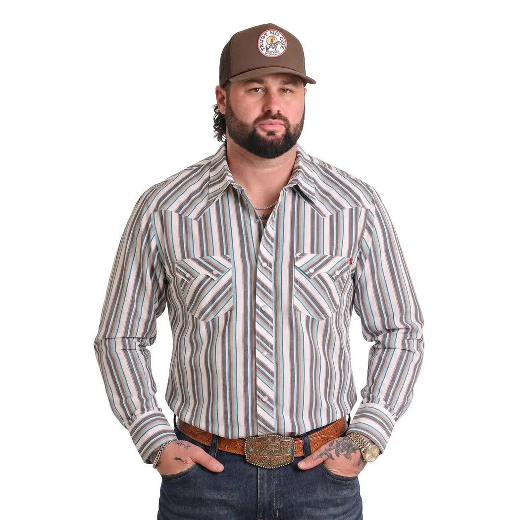 Rock &amp; Roll Men's Koe Wetzel Dobby Striped LS Snap Shirt - Multicoloured