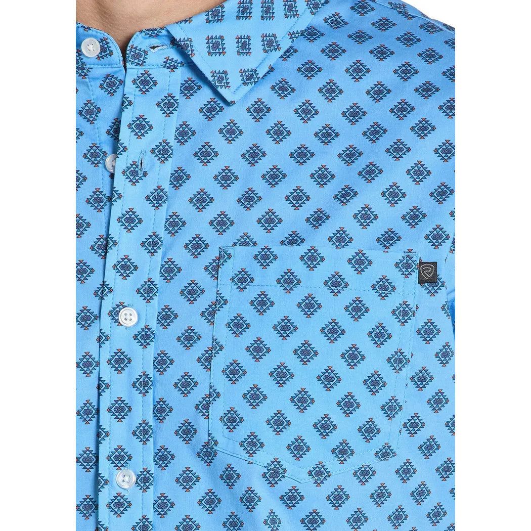 Rock &amp; Roll Men's Mini Tek Western Aztec Print Short Sleeve Shirt - Sky Blue