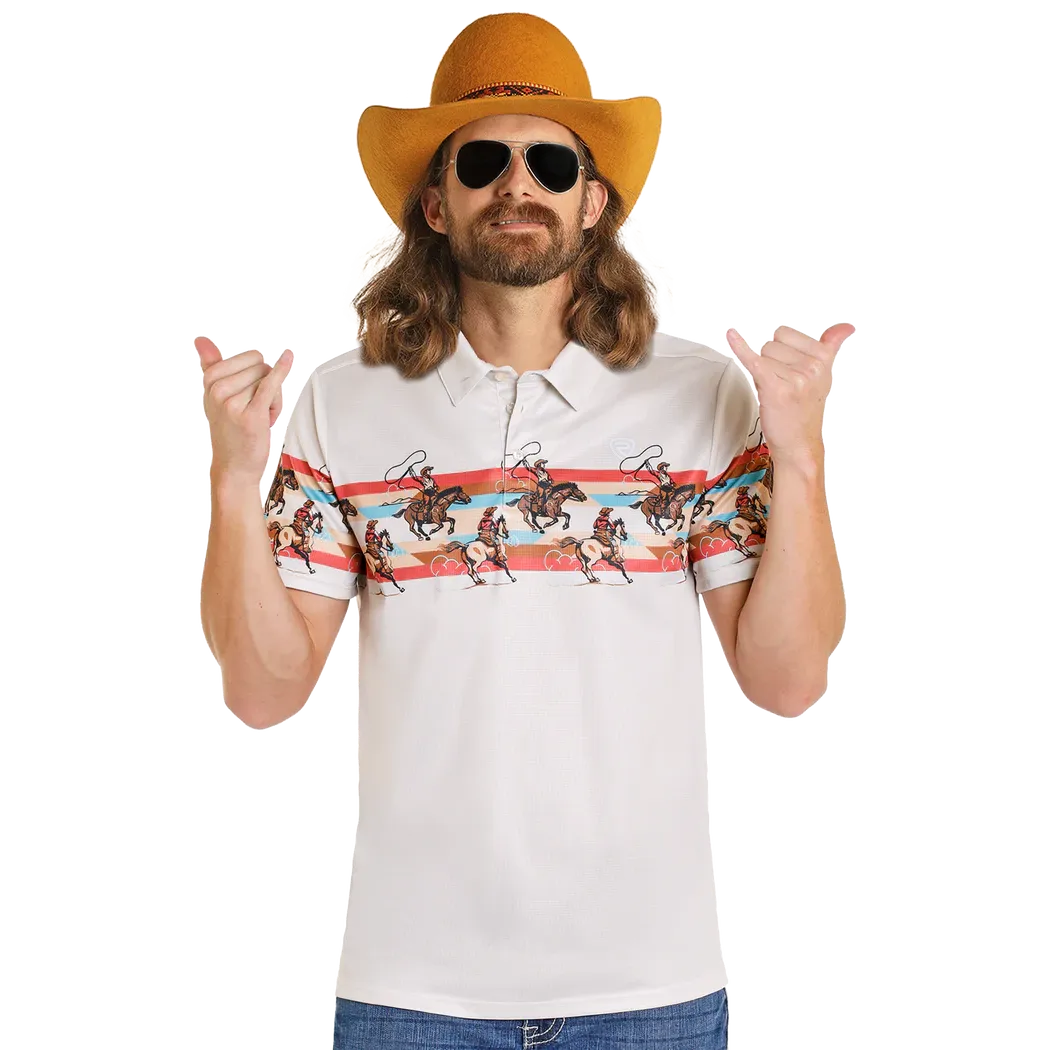 Rock &amp; Roll Men's Novelty Dale Brisby Retro Cowboy Border Print Short Sleeve Polo Shirt - White