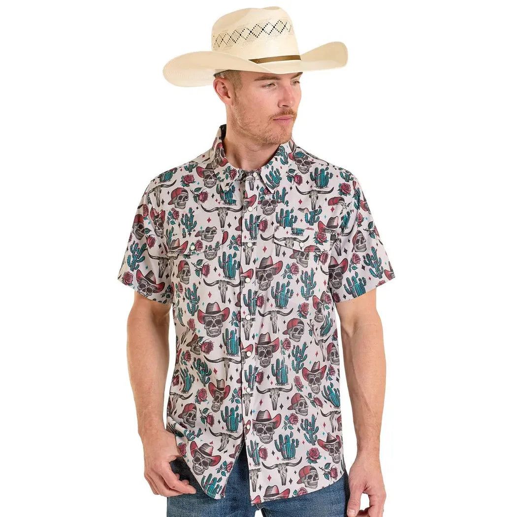 Rock &amp; Roll Men's Novelty Skulls Tek Western Dia Los Muertos Short Sleeve Snap Shirt - White