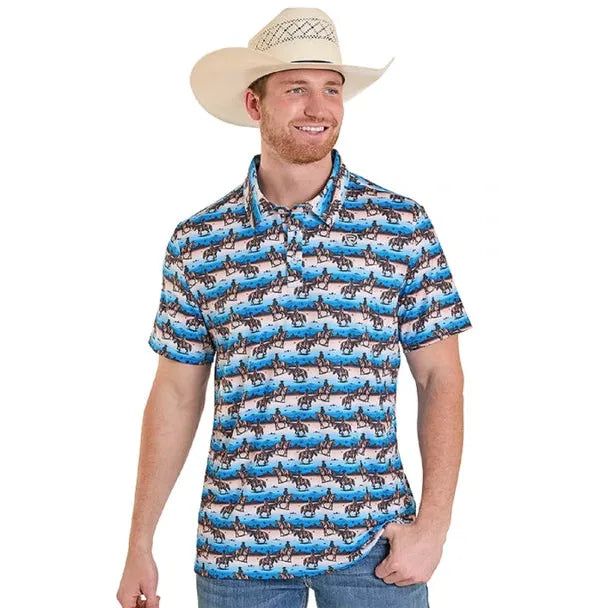 Rock &amp; Roll Men's Serape Novelty Horse &amp; Cowboy Print Short Sleeve Polo Shirt - Blue