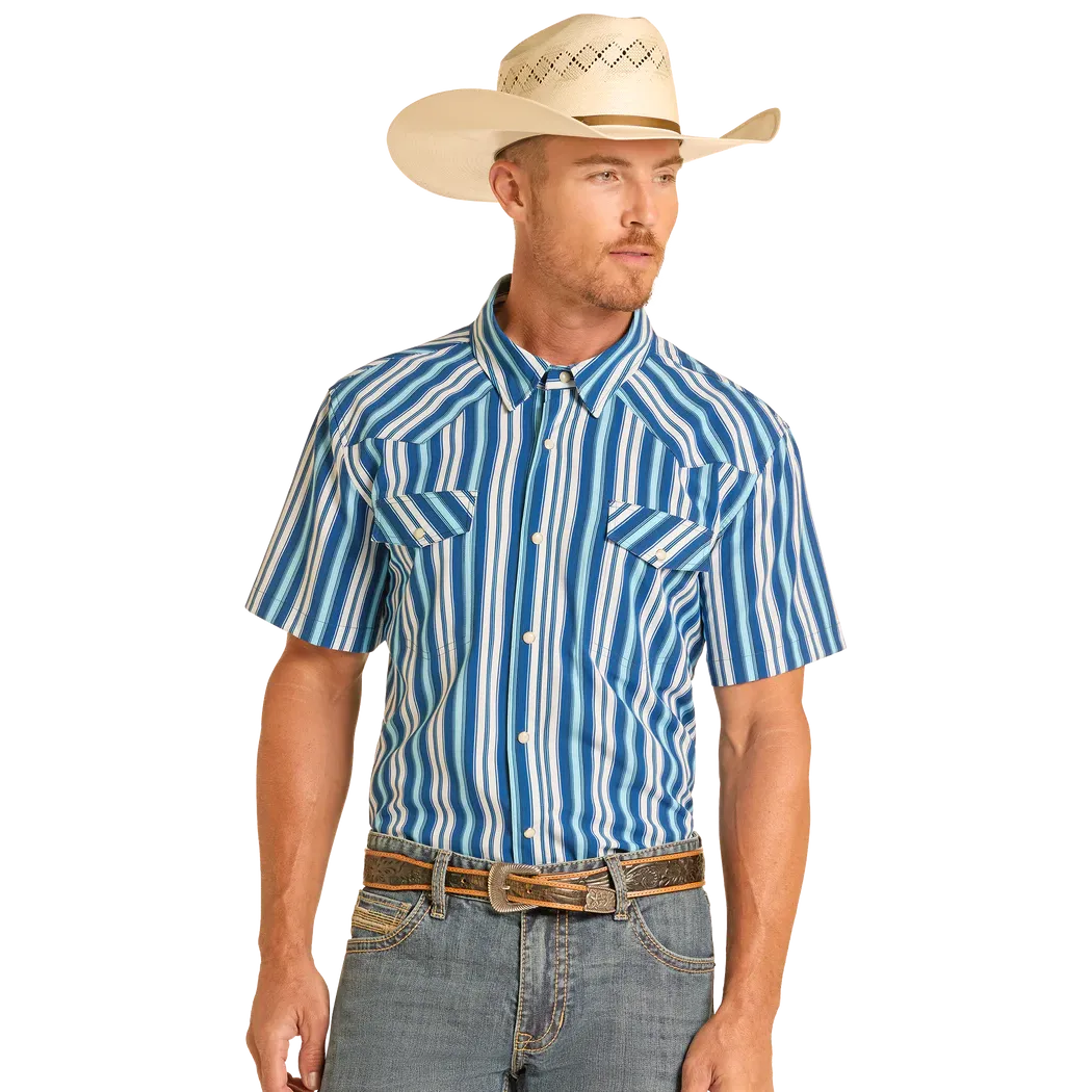 Panhandle Slim Men's Short Sleeve 2 Pocket Performance Snap Stripe Shirt - Blue