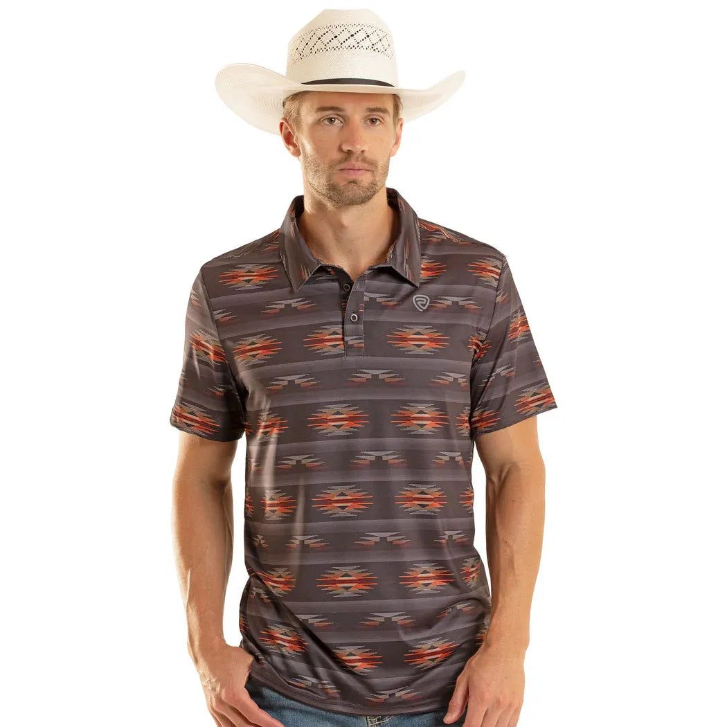 Rock &amp; Roll Mens Tribal Aztec Printed Short Sleeve Polo Shirt - Charcoal