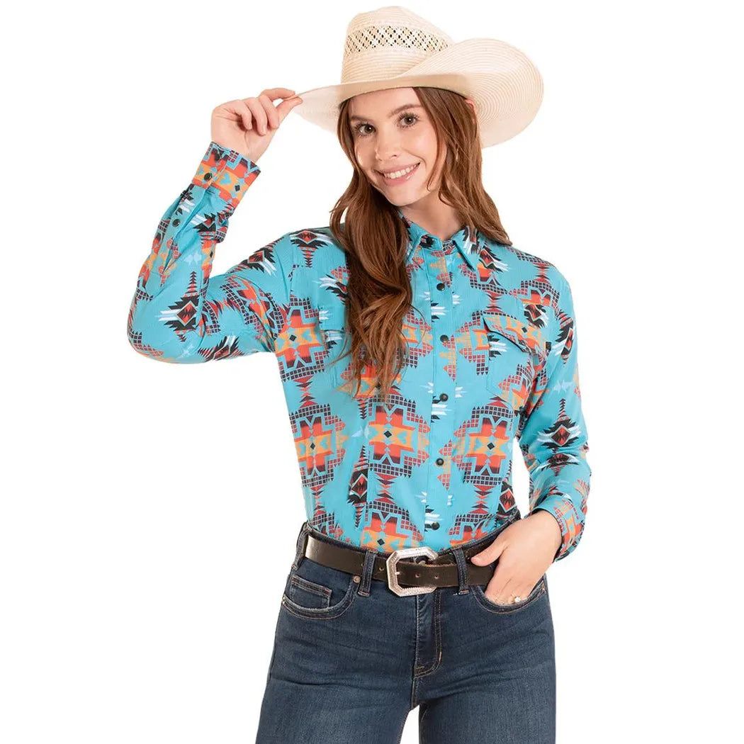 Rock &amp; Roll Women's Aztec Printed Tek Western Long Sleeve Shirt - Turquoise
