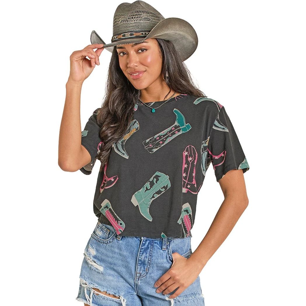 Rock &amp; Roll Women's Boot Print Short Sleeve Tee Shirt - Black
